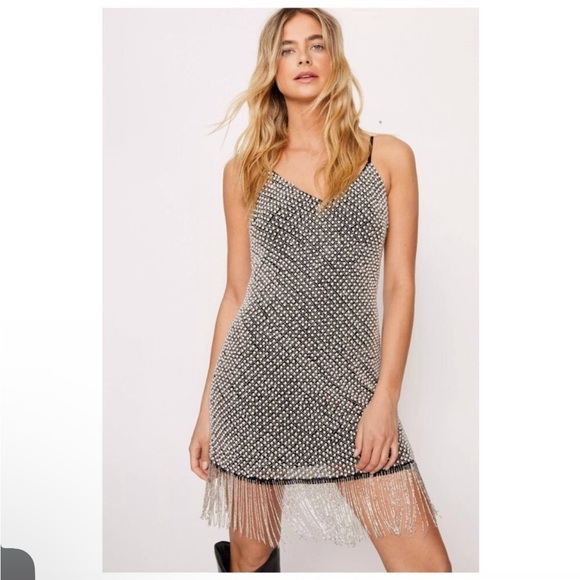 Nasty Gal Monochrome Beaded Fringe Dress NWT - Picture 2 of 5